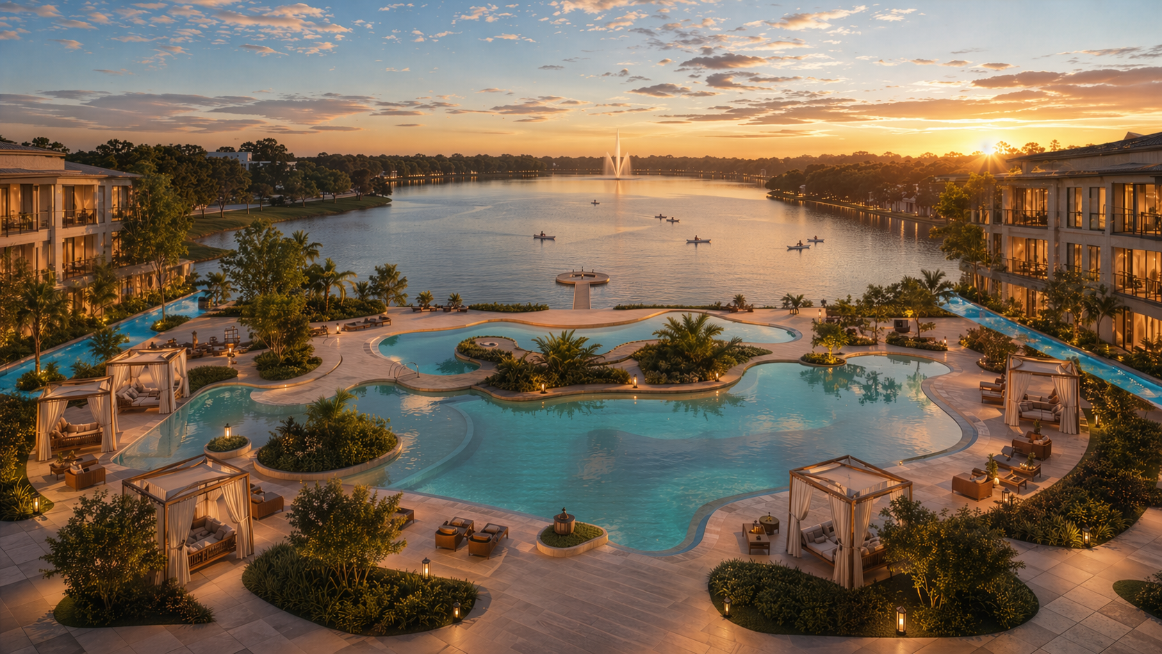 Lagoon pool at sunset with cabanas overlooking the lake